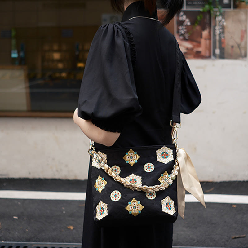 Buddha Stonesサテン蘇刺繍 ジャーニー ショッピング ショルダーバッグ ハンドバッグ クロスボディバッグ