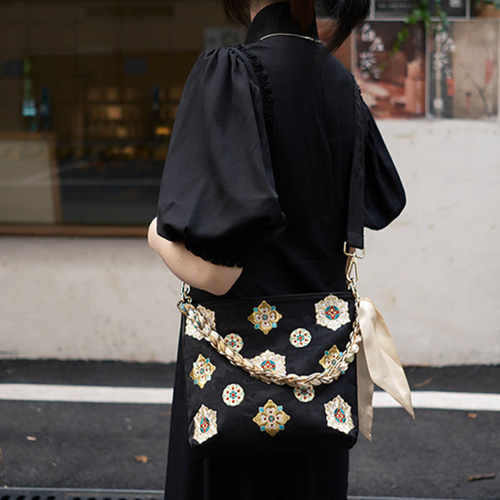 Buddha Stonesサテン蘇刺繍 ジャーニー ショッピング ショルダーバッグ ハンドバッグ クロスボディバッグ
