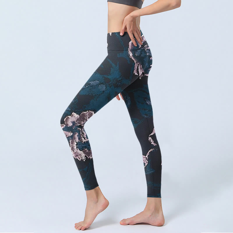 Buddha Stonesスチールブルー シルバーフラワープリント エクササイズレギンス レディース ヨガパンツ - image 3