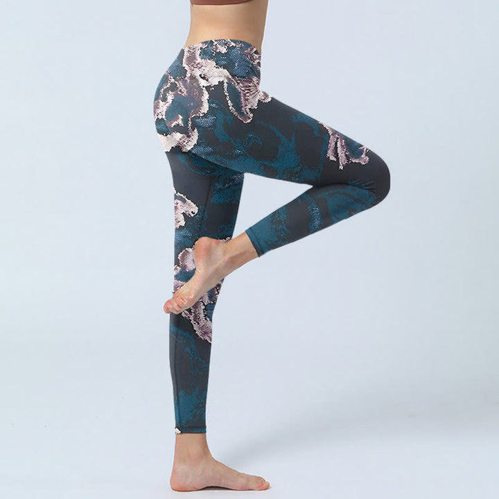 Buddha Stonesスチールブルー シルバーフラワープリント エクササイズレギンス レディース ヨガパンツ - image 4