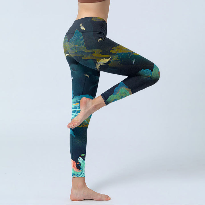 Buddha Stones、山、フェニックスの羽根、エクササイズレギンス、レディースヨガパンツ - image 4