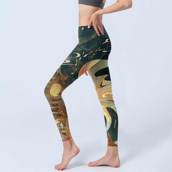 Buddha Stonesダークスレートグレー ダブル鯉 スカイランタンタワー エクササイズレギンス レディース ヨガパンツ - image 3