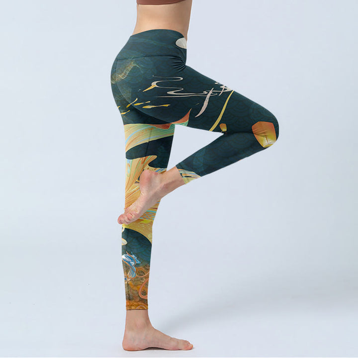 Buddha Stonesダークスレートグレー ダブル鯉 スカイランタンタワー エクササイズレギンス レディース ヨガパンツ - image 4