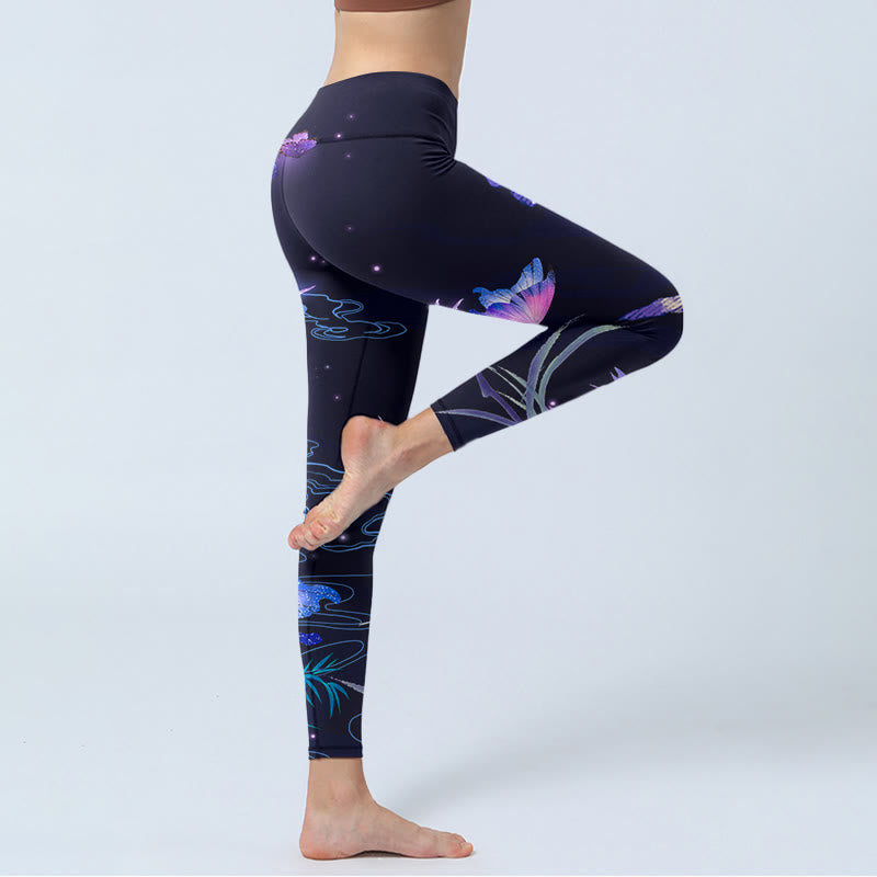 Buddha Stonesミッドナイトブルー フラワー パープル バタフライ エクササイズ レギンス レディース ヨガパンツ - image 4