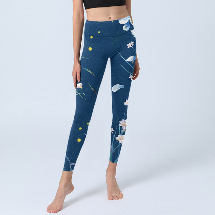 Buddha Stonesスチールブルー 小さな白い花と蝶のエクササイズレギンス レディース ヨガパンツ - image 6