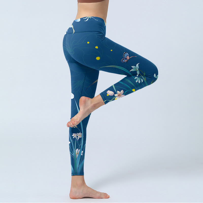 Buddha Stonesスチールブルー 小さな白い花と蝶のエクササイズレギンス レディース ヨガパンツ - image 4