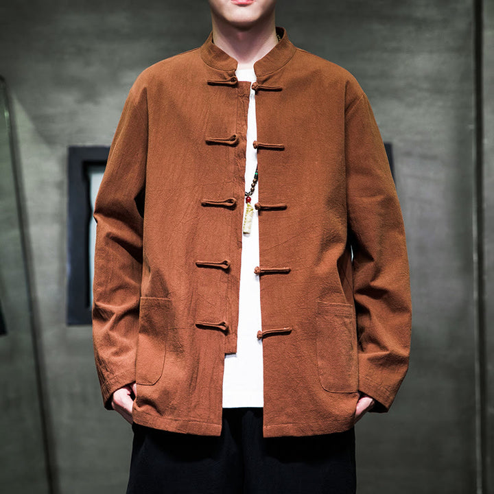 Buddha Stonesのシンプルなカエルボタンの中国唐装コットンメンズジャケットシャツ（ポケット付き） - サンディブラウン - US/UK/AU46、 EU56 (5XL) - image 24