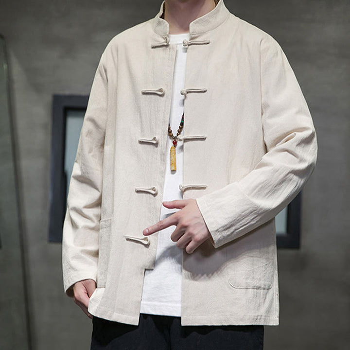 Buddha Stonesのシンプルなカエルボタンの中国唐装コットンメンズジャケットシャツ（ポケット付き） - image 11