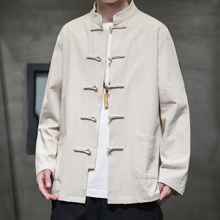 Buddha Stonesのシンプルなカエルボタンの中国唐装コットンメンズジャケットシャツ（ポケット付き） - image 10