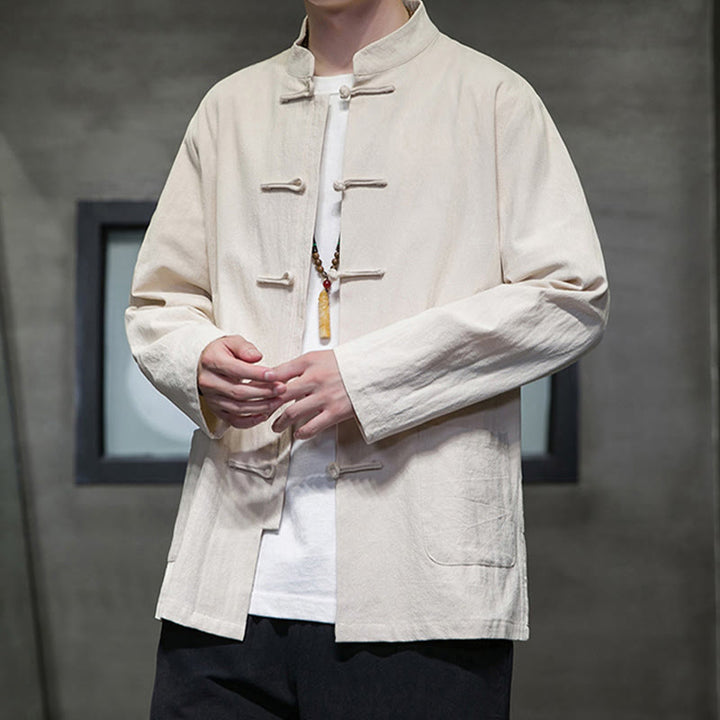 Buddha Stonesのシンプルなカエルボタンの中国唐装コットンメンズジャケットシャツ（ポケット付き） - image 9