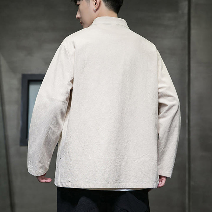 Buddha Stonesのシンプルなカエルボタンの中国唐装コットンメンズジャケットシャツ（ポケット付き） - image 7