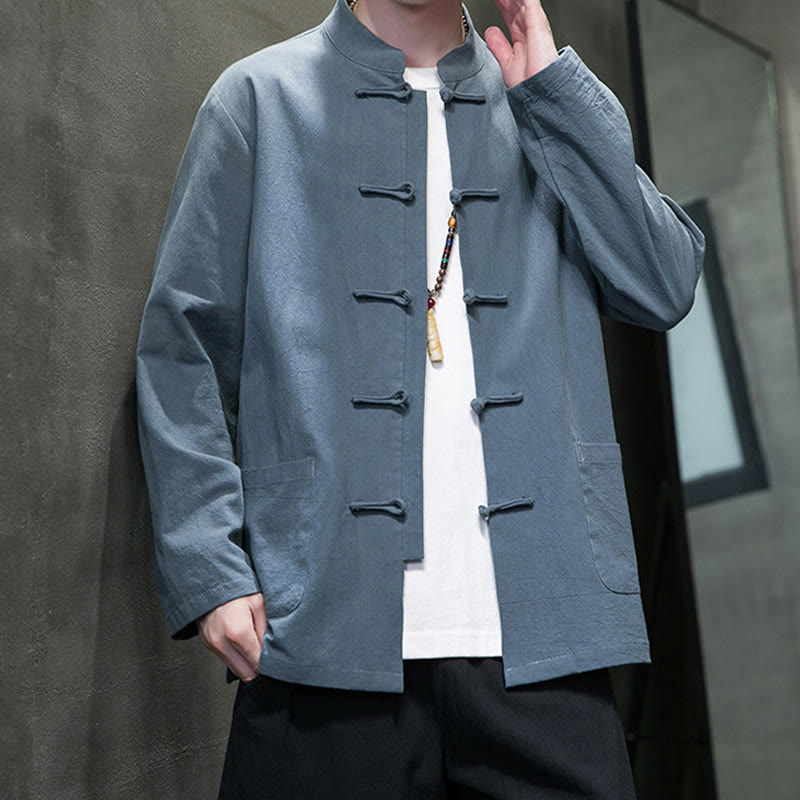 Buddha Stonesのシンプルなカエルボタンの中国唐装コットンメンズジャケットシャツ（ポケット付き） - image 18