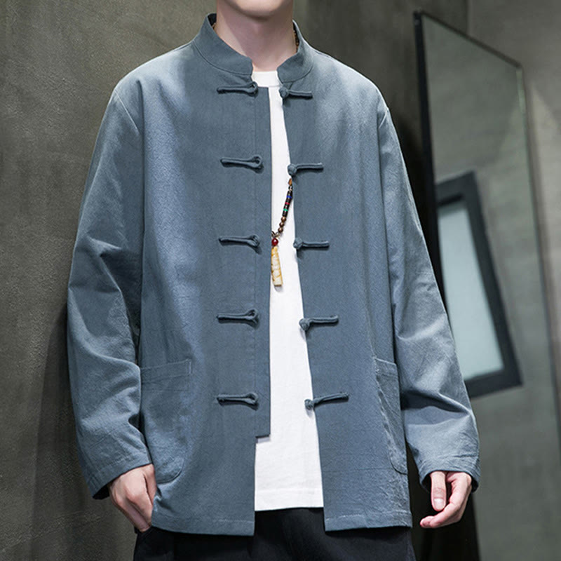 Buddha Stonesのシンプルなカエルボタンの中国唐装コットンメンズジャケットシャツ（ポケット付き） - image 19