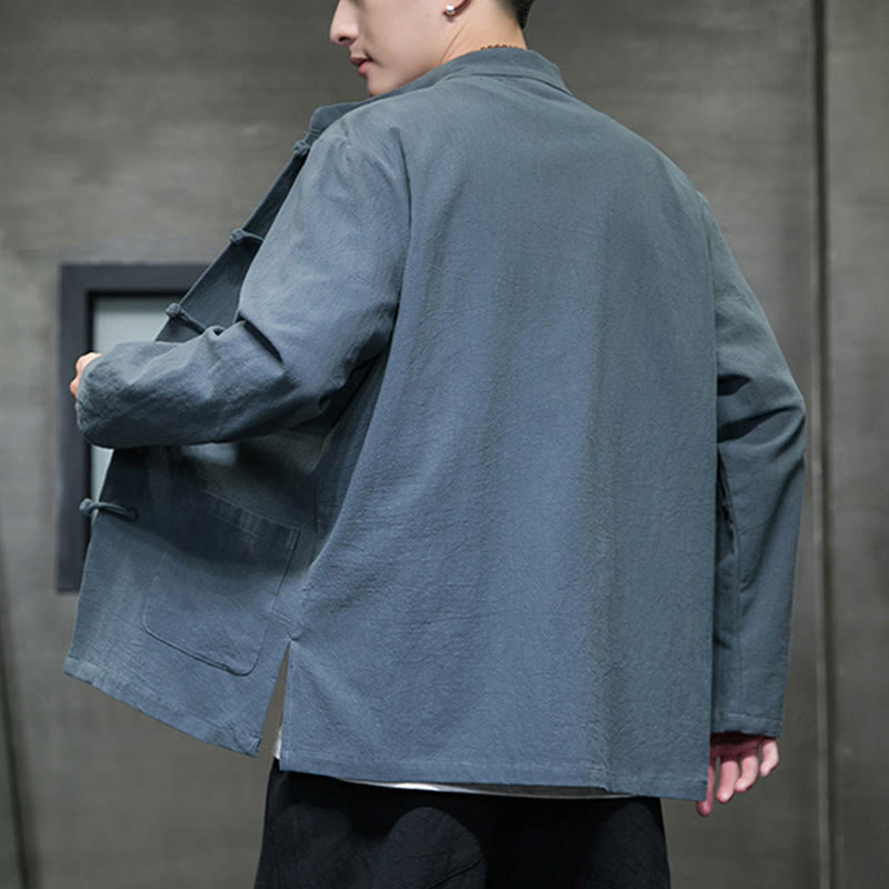 Buddha Stonesのシンプルなカエルボタンの中国唐装コットンメンズジャケットシャツ（ポケット付き） - image 14