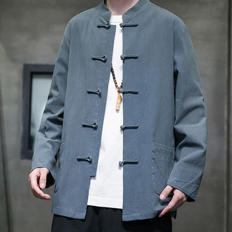 Buddha Stonesのシンプルなカエルボタンの中国唐装コットンメンズジャケットシャツ（ポケット付き） - image 13