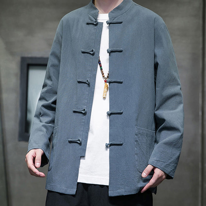 Buddha Stonesのシンプルなカエルボタンの中国唐装コットンメンズジャケットシャツ（ポケット付き） - image 13