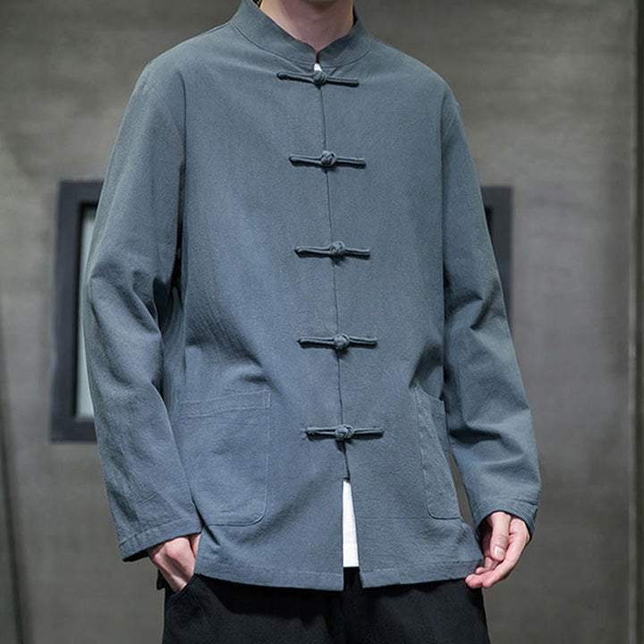 Buddha Stonesのシンプルなカエルボタンの中国唐装コットンメンズジャケットシャツ（ポケット付き） - image 15