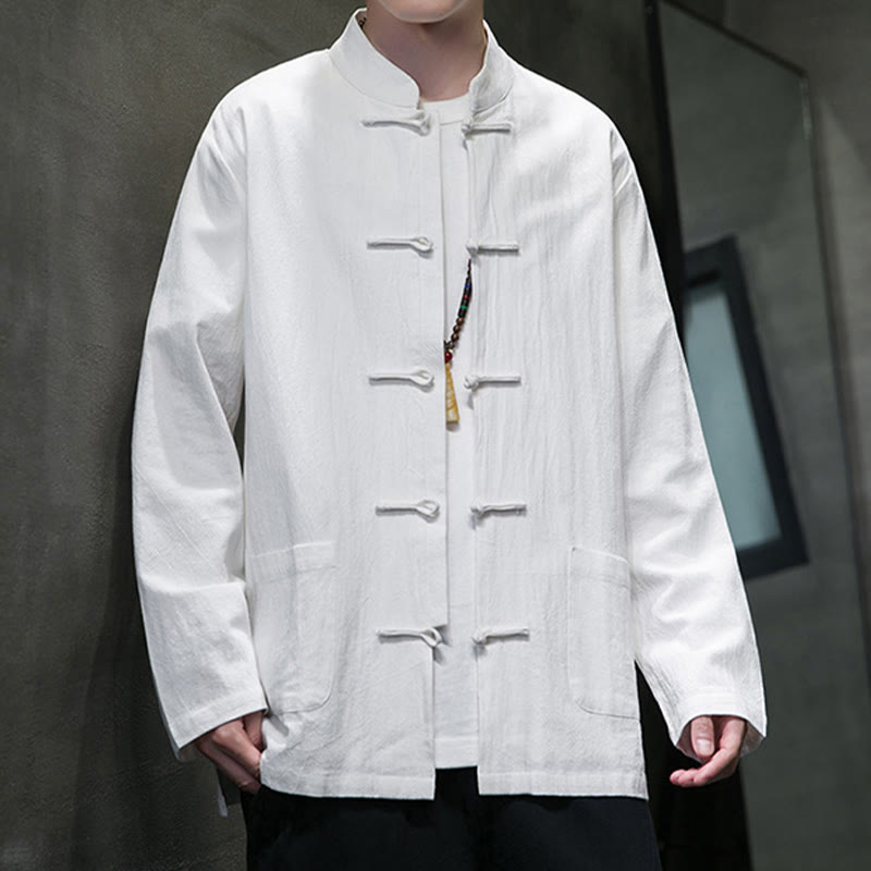 Buddha Stonesのシンプルなカエルボタンの中国唐装コットンメンズジャケットシャツ（ポケット付き） - image 4