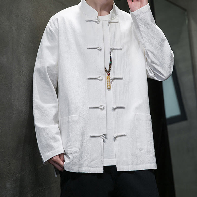 Buddha Stonesのシンプルなカエルボタンの中国唐装コットンメンズジャケットシャツ（ポケット付き） - image 3