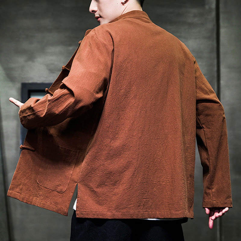 Buddha Stonesのシンプルなカエルボタンの中国唐装コットンメンズジャケットシャツ（ポケット付き） - image 26