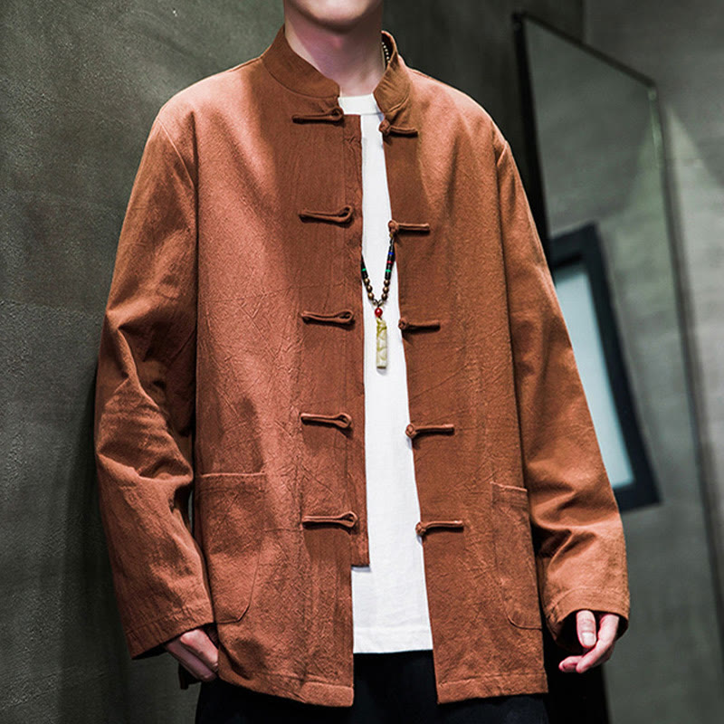 Buddha Stonesのシンプルなカエルボタンの中国唐装コットンメンズジャケットシャツ（ポケット付き） - image 28