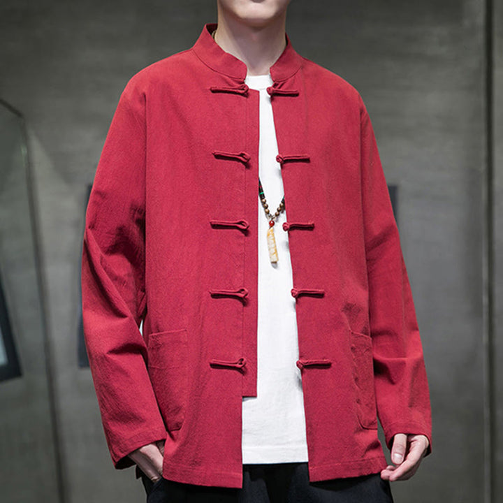 Buddha Stonesのシンプルなカエルボタンの中国唐装コットンメンズジャケットシャツ（ポケット付き） - image 42