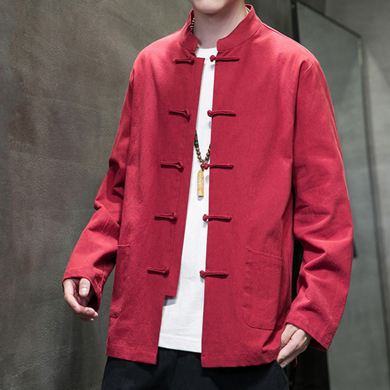 Buddha Stonesのシンプルなカエルボタンの中国唐装コットンメンズジャケットシャツ（ポケット付き） - image 41