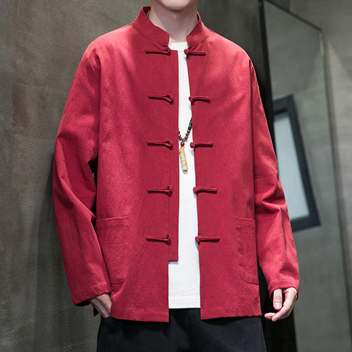 Buddha Stonesのシンプルなカエルボタンの中国唐装コットンメンズジャケットシャツ（ポケット付き） - image 40