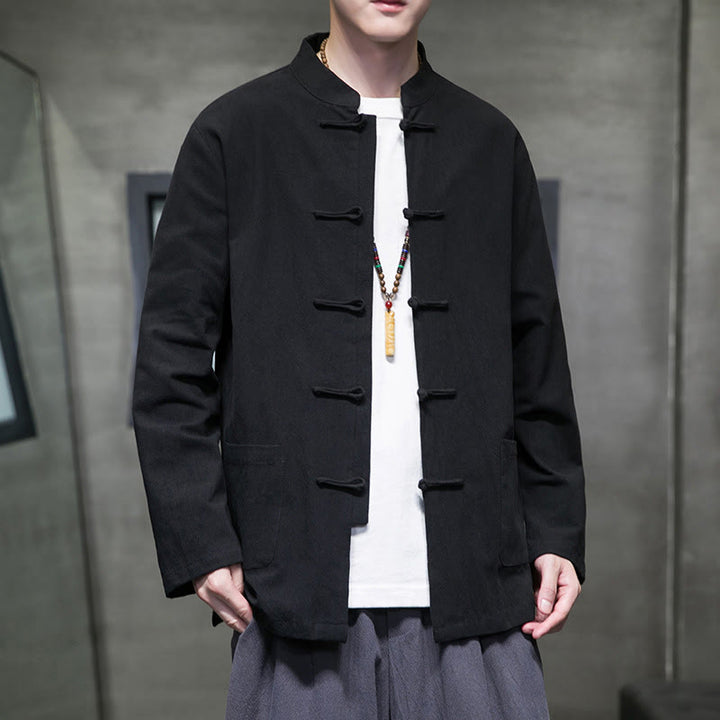 Buddha Stonesのシンプルなカエルボタンの中国唐装コットンメンズジャケットシャツ（ポケット付き） - image 45