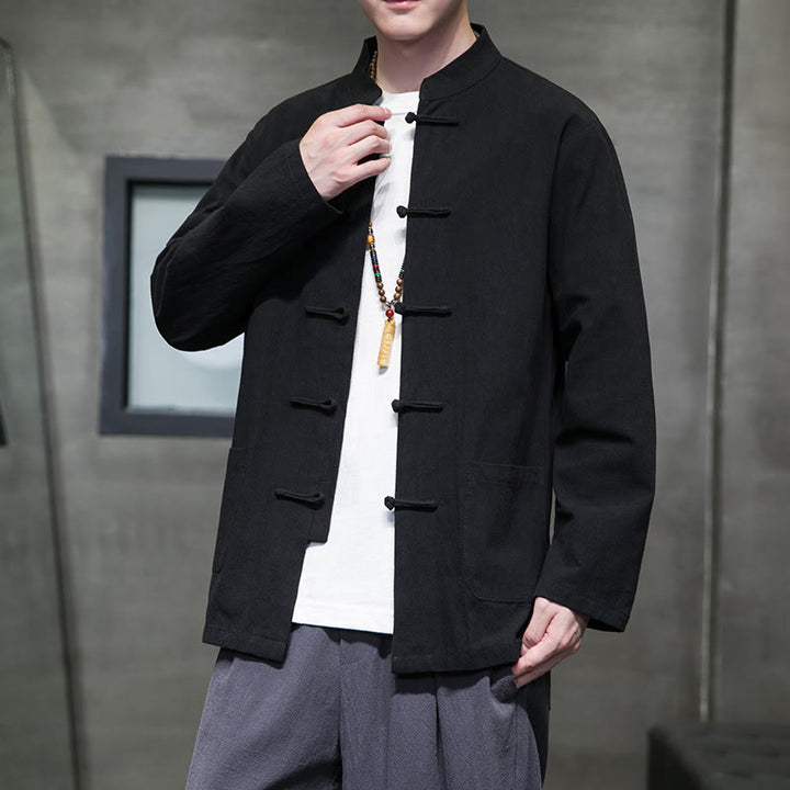 Buddha Stonesのシンプルなカエルボタンの中国唐装コットンメンズジャケットシャツ（ポケット付き） - image 46
