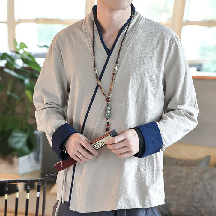 Buddha Stones秋カラーブロック 長袖シャツ リネン レースアップ メンズ - フローラルホワイト - US/UK/AU46、 EU56 (5XL) - image 10