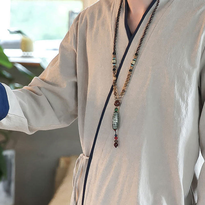 Buddha Stones秋カラーブロック 長袖シャツ リネン レースアップ メンズ - image 14