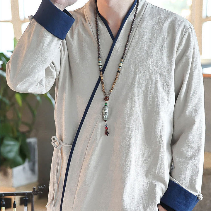 Buddha Stones秋カラーブロック 長袖シャツ リネン レースアップ メンズ - image 11