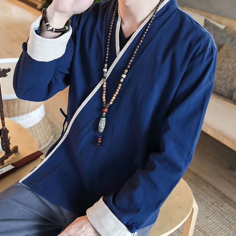 Buddha Stones秋カラーブロック 長袖シャツ リネン レースアップ メンズ - image 3