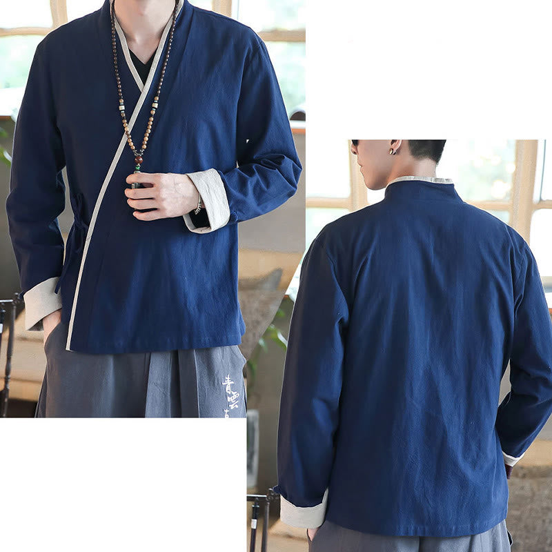 Buddha Stones秋カラーブロック 長袖シャツ リネン レースアップ メンズ - image 6