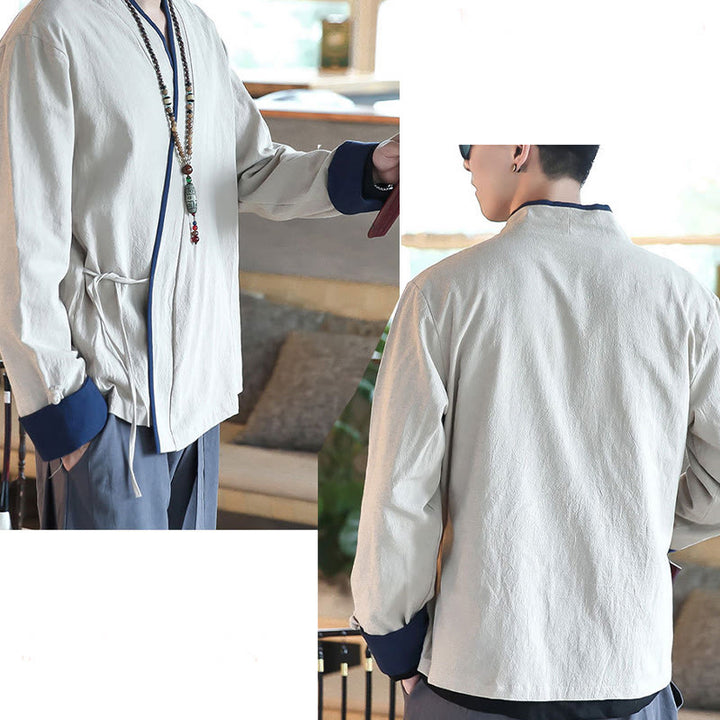 Buddha Stones秋カラーブロック 長袖シャツ リネン レースアップ メンズ - image 16