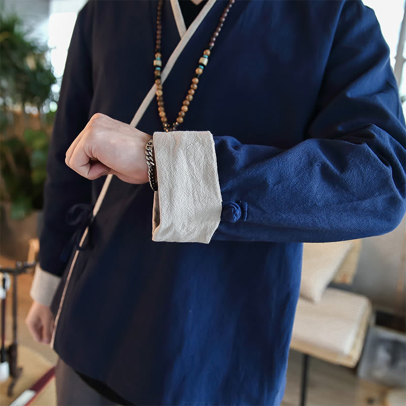 Buddha Stones秋カラーブロック 長袖シャツ リネン レースアップ メンズ - image 4