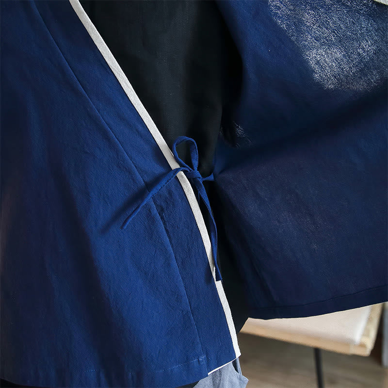 Buddha Stones秋カラーブロック 長袖シャツ リネン レースアップ メンズ - image 9