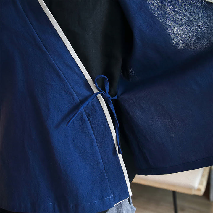 Buddha Stones秋カラーブロック 長袖シャツ リネン レースアップ メンズ - image 9