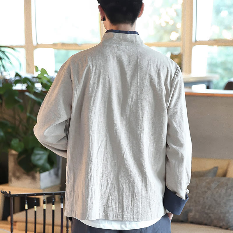 Buddha Stones秋カラーブロック 長袖シャツ リネン レースアップ メンズ - image 12