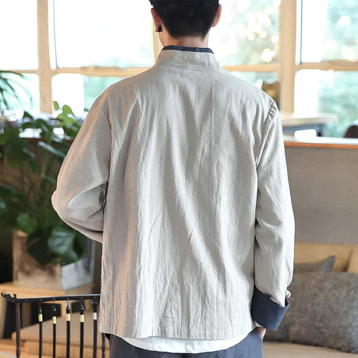 Buddha Stones秋カラーブロック 長袖シャツ リネン レースアップ メンズ - image 12