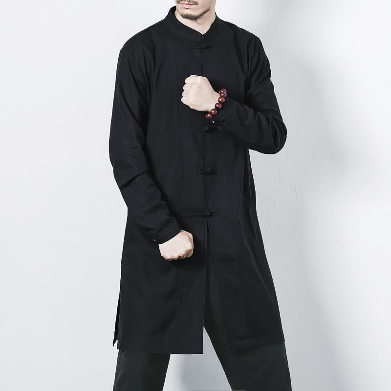 Buddha Stones秋 シンプル カエルボタン リネン メンズ ミドル丈コート 禅服 - 黒 - US/UK/AU46、 EU56 (5XL) - image 16