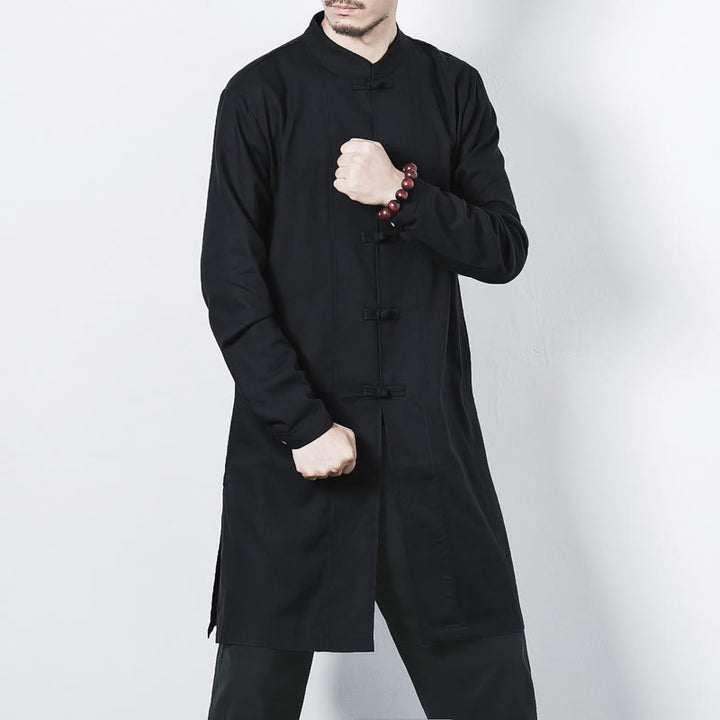 Buddha Stones秋 シンプル カエルボタン リネン メンズ ミドル丈コート 禅服 - 黒 - US/UK/AU46、 EU56 (5XL) - image 16