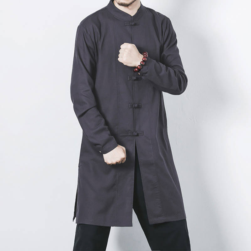 Buddha Stones秋 シンプル カエルボタン リネン メンズ ミドル丈コート 禅服 - グレー - US/UK/AU46、 EU56 (5XL) - image 22