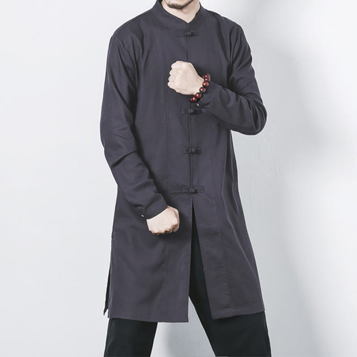 Buddha Stones秋 シンプル カエルボタン リネン メンズ ミドル丈コート 禅服 - グレー - US/UK/AU46、 EU56 (5XL) - image 22