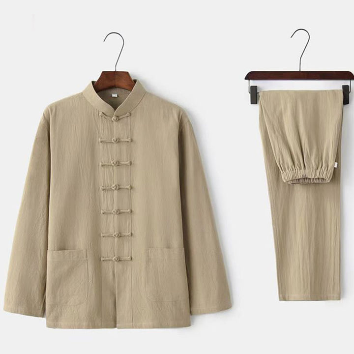 Buddha Stones2点セット 唐装 伝統的な蛙ボタン制服 長袖シャツ パンツ メンズセット - ベージュ - US/UK/AU44、EU54（5XL） - image 0