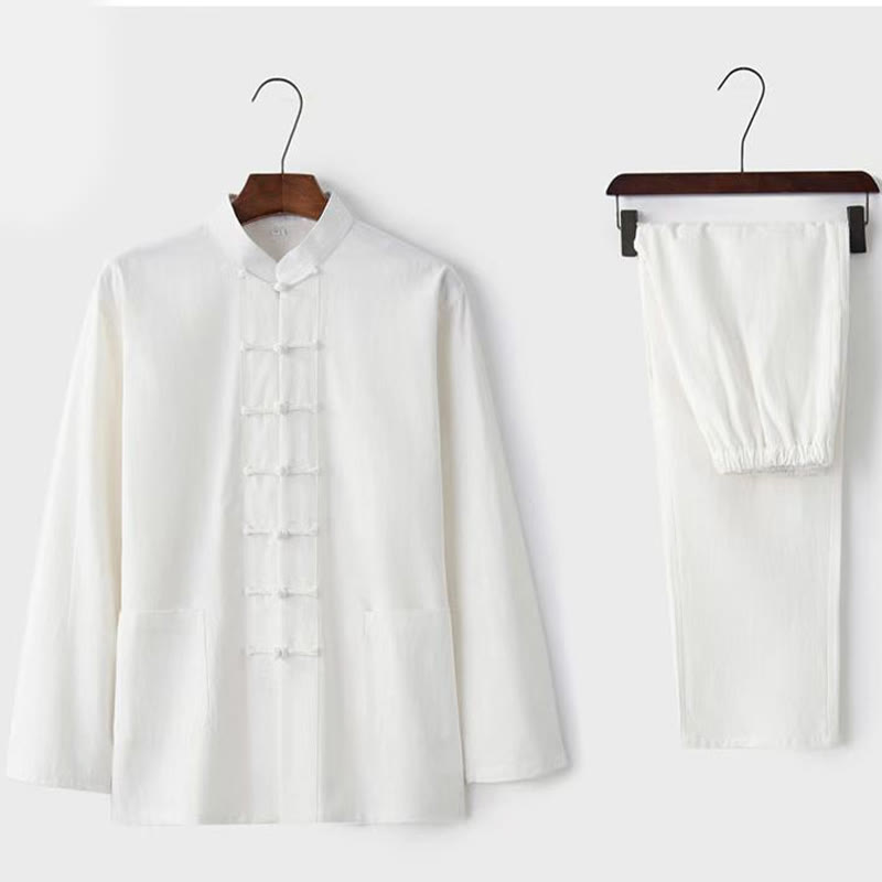 Buddha Stones 2点セット 唐装 伝統 カエルボタン ユニフォーム 長袖 シャツ パンツ メンズ セット - 白 - US/UK/AU46、 EU56 (5XL) - image 1