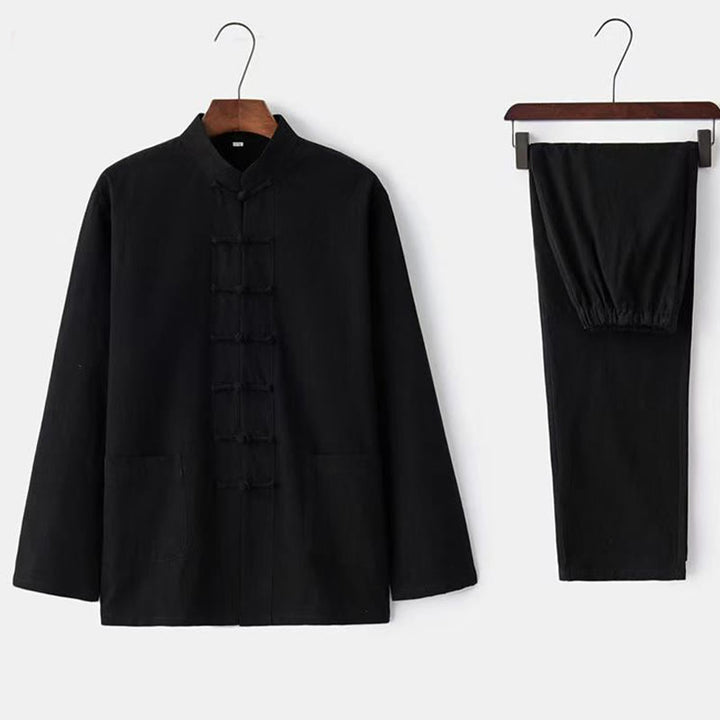 Buddha Stones 2点セット 唐装 伝統 カエルボタン ユニフォーム 長袖 シャツ パンツ メンズ セット - 黒 - US/UK/AU46、 EU56 (5XL) - image 5