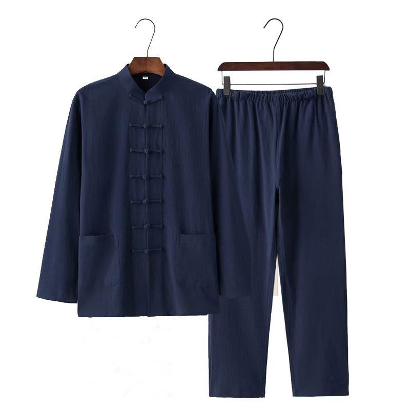 Buddha Stones2点セット 唐装 伝統的な蛙ボタン制服 長袖シャツ パンツ メンズセット - image 13
