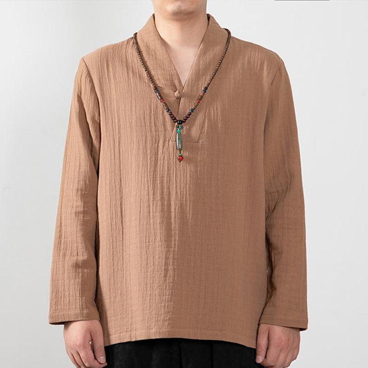 Buddha Stones秋 シンプル Vネック 長袖 Tシャツ コットン メンズ 服